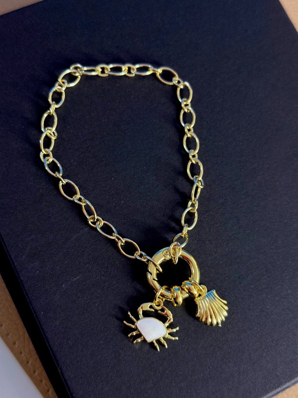 Gold Nautical Charm Bracelet - Seashell & Crab Beach Jewelry